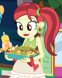 Size: 657x817 | Tagged: safe, screencap, episode:five lines you need to stand in, g4, my little pony:equestria girls, bracelet, chips, cropped, ear piercing, earring, food, jewelry, nachos, piercing, ponytail, rose heart