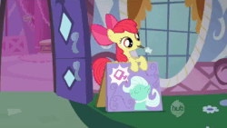 Size: 1280x720 | Tagged: safe, screencap, character:apple bloom, character:scootaloo, character:sweetie belle, character:vera, species:earth pony, species:pegasus, species:pony, species:unicorn, episode:the show stoppers, g4, my little pony: friendship is magic, afro, animated, bell, carousel boutique, clown hair, crying, cutie mark crusaders, hub logo, not rarity, running, sound, spa pony, the hub, webm