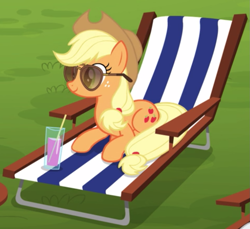 Size: 1077x987 | Tagged: safe, screencap, character:applejack, species:earth pony, species:pony, episode:the cart before the ponies, g4, my little pony: friendship is magic, aviators, chair, cropped, drink, drinking glass, female, lawn chair, mare, prone, smiling, solo, straw, sunglasses