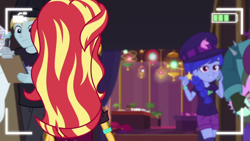Size: 1280x720 | Tagged: safe, screencap, character:sunset shimmer, episode:how to backstage, g4, my little pony:equestria girls, background human, clothing, female, fingerless gloves, gloves, male, rift axe, rolling stone (character), space camp (character)
