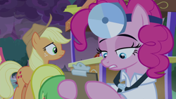 Size: 1920x1080 | Tagged: safe, screencap, character:applejack, character:pinkie pie, species:earth pony, species:pony, episode:the summer sun setback, g4, my little pony: friendship is magic, clothing, costume, doctor, doctor costume, doctor pie, female, head mirror, lab coat, mare, stethoscope
