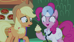 Size: 1920x1080 | Tagged: safe, screencap, character:applejack, character:pinkie pie, species:earth pony, species:pony, episode:the summer sun setback, g4, my little pony: friendship is magic, clothing, costume, cupcake, doctor, doctor costume, doctor pie, food, head mirror, lab coat, stethoscope