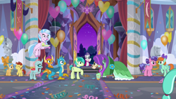 Size: 1920x1080 | Tagged: safe, screencap, character:berry blend, character:berry bliss, character:gallus, character:lemon crumble, character:ocellus, character:peppermint goldylinks, character:rarity, character:sandbar, character:silverstream, character:smolder, character:yona, species:changedling, species:changeling, species:classical hippogriff, species:dragon, species:earth pony, species:griffon, species:hippogriff, species:pegasus, species:pony, species:reformed changeling, species:yak, episode:she's all yak, g4, my little pony: friendship is magic, alternate hairstyle, balloon, bow, bow tie, citrus bit, claws, clothing, cloven hooves, colored hooves, colt, cutie mark, dragoness, dress, ear piercing, earring, eating, female, filly, flying, food, friendship student, hair bow, jewelry, male, mare, necklace, paws, piercing, student six, teenager, wings