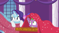 Size: 1920x1080 | Tagged: safe, screencap, character:rarity, character:spike, species:pony, episode:between dark and dawn, g4, my little pony: friendship is magic, fork, magic, tablecloth