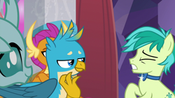 Size: 1280x720 | Tagged: safe, screencap, character:gallus, character:ocellus, character:sandbar, character:smolder, species:changedling, species:changeling, species:dragon, species:earth pony, species:griffon, species:pony, species:reformed changeling, episode:she's all yak, g4, my little pony: friendship is magic, bow tie, claws, cringing, crossed arms, curved horn, cute, diaocelles, eyes closed, folded wings, gritted teeth, head feathers, horn, horns, jerk, lidded eyes, male, not cool, obscured face, ouch, pain, smiling, smirk, talons, teasing, teenaged dragon, teenager, wings