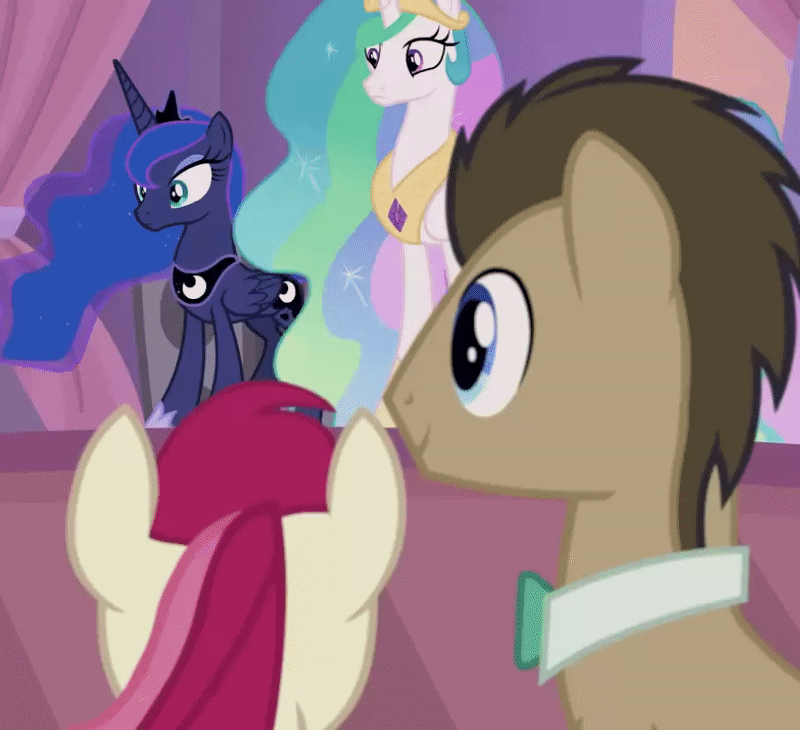 Size: 800x730 | Tagged: safe, screencap, character:doctor whooves, character:princess celestia, character:princess luna, character:roseluck, character:time turner, species:pony, ship:doctorrose, episode:the summer sun setback, g4, my little pony: friendship is magic, animated, cropped, doctor who, female, gif, hug, male, shipping, shipping fuel, straight