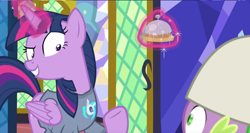 Size: 1292x688 | Tagged: safe, screencap, character:spike, character:twilight sparkle, character:twilight sparkle (alicorn), species:alicorn, species:dragon, species:pony, episode:a trivial pursuit, g4, my little pony: friendship is magic, bell, clothing, cropped, devious, duo, faec, grin, horn, levitation, looking at each other, magic, nightshirt, pajamas, raised hoof, shrunken pupils, smiling, telekinesis, winged spike