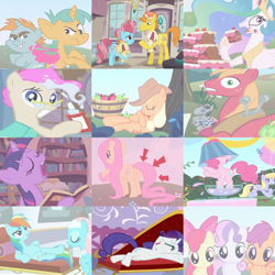 Size: 960x960 | Tagged: safe, screencap, character:apple bloom, character:applejack, character:big mcintosh, character:carrot cake, character:cloud kicker, character:cup cake, character:fluttershy, character:lotus blossom, character:mayor mare, character:pinkie pie, character:pound cake, character:princess celestia, character:pumpkin cake, character:rainbow dash, character:rarity, character:scootaloo, character:smarty pants, character:snails, character:snips, character:sweetie belle, character:twilight sparkle, character:twilight sparkle (unicorn), species:alicorn, species:earth pony, species:pegasus, species:pony, species:unicorn, episode:ponyville confidential, g4, my little pony: friendship is magic, apple, apple tree, baby, baby pony, balloon, book, bubblegum, cake, cakelestia, cropped, crying, cutie mark crusaders, dancing, fainting couch, female, filly, food, gabby gums, golden oaks library, gum, hair dye, non-dyed mayor, party animal, pink hair, punch (drink), punch bowl, sad, sleeping, snobby, spa, spa pony, tail extensions, tree