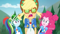 Size: 2048x1151 | Tagged: safe, screencap, character:applejack, character:pinkie pie, character:rainbow dash, episode:accountibilibuddies, g4, my little pony:equestria girls, ouch, screaming