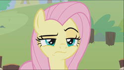 Size: 1278x721 | Tagged: safe, screencap, character:angel bunny, character:fluttershy, species:pegasus, species:pony, episode:she talks to angel, g4, my little pony: friendship is magic, angel is not amused, body swap, close-up, cropped, female, frown, lidded eyes, mare, raised eyebrow, solo