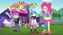 Size: 1366x768 | Tagged: safe, screencap, character:mystery mint, character:paisley, character:pinkie pie, character:rainbow dash, character:snips, episode:accountibilibuddies, g4, my little pony:equestria girls, background human, clothing, duke suave, fry lilac, geode of sugar bombs, hat, looking at you, magical geodes, music festival outfit, shoes, sneakers, snow flower, sweet leaf, thunderbass