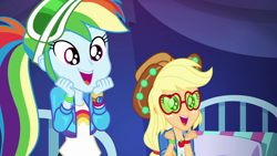 Size: 1920x1080 | Tagged: safe, screencap, character:applejack, character:rainbow dash, episode:accountibilibuddies, g4, my little pony:equestria girls, accountibilibuddies: rainbow dash, applejack's festival hat, applejack's sunglasses, bed, clothing, cowboy hat, cute, dashabetes, duo, duo female, fangirling, female, geode of super speed, geode of super strength, hat, implied dirk thistleweed, jackabetes, jacket, magical geodes, ponytail, shirt, smiling, squee, stetson, sunglasses, tent, visor, wristband