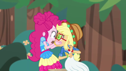 Size: 1280x720 | Tagged: safe, screencap, character:applejack, character:pinkie pie, episode:accountibilibuddies, g4, my little pony:equestria girls, accountibilibuddies: pinkie pie, bush, clothing, cute, face to face, geode of super strength, hands on cheeks, hat, looking at each other, magical geodes, open mouth, outdoors, personal space invasion, puckered lips, sunglasses, surprised, tree, wide eyes