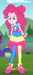 Size: 342x761 | Tagged: safe, screencap, character:pinkie pie, episode:accountibilibuddies, g4, my little pony:equestria girls, clothing, cropped, cute, diapinkes, female, geode of sugar bombs, magical geodes, pantyhose, shoes, smiling, sneakers, solo