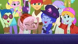 Size: 1920x1080 | Tagged: safe, screencap, character:mystery mint, character:paisley, episode:accountibilibuddies, g4, my little pony:equestria girls, armpits, background human, background human audience, backwards ballcap, baseball cap, blonde, blonde hair, cap, cheering, clothing, crowd, female, fry lilac, happy, hat, hunter hedge, laurel jade, male, midriff, not luna, offscreen character, overall shorts, overalls, raspberry lilac, sandy cerise, shorts, sleeveless, smiling, snow flower, space camp (character), sunglasses, sweet leaf
