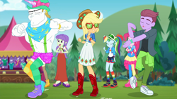 Size: 1920x1080 | Tagged: safe, screencap, character:applejack, character:bulk biceps, character:pinkie pie, character:rainbow dash, character:starlight, episode:accountibilibuddies, g4, my little pony:equestria girls, applejack's festival hat, applejack's sunglasses, background human, boots, clothing, cowboy boots, cowboy hat, dancing, female, hat, male, outdoors, shoes, shorts, starlight, visor