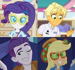 Size: 1133x1070 | Tagged: safe, screencap, character:applejack, character:ragamuffin, character:rarity, episode:accountibilibuddies, equestria girls:spring breakdown, g4, my little pony:equestria girls, accountibilibuddies: rainbow dash, applejack's festival hat, applejack's sunglasses, blushing, clothing, coin, cruise outfit, dirk thistleweed, female, geode of shielding, glasses, hat, magical geodes, male, music festival outfit, one eye closed, ragamuffin (equestria girls), shipping, shipping drama, shipping fuel, sunglasses, wink