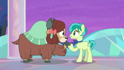 Size: 1280x720 | Tagged: safe, screencap, character:sandbar, character:yona, species:yak, ship:yonabar, episode:she's all yak, g4, my little pony: friendship is magic, bow, bow tie, cloven hooves, female, hair bow, male, monkey swings, shipping, straight