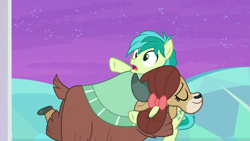 Size: 1920x1080 | Tagged: safe, screencap, character:sandbar, character:yona, species:yak, ship:yonabar, episode:she's all yak, g4, my little pony: friendship is magic, bow, cloven hooves, female, hair bow, hug, male, monkey swings, shipping, straight