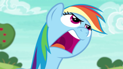 Size: 2880x1620 | Tagged: safe, screencap, character:rainbow dash, species:pony, episode:buckball season, g4, my little pony: friendship is magic, bust, faec, female, mare, nose in the air, open mouth, portrait, rainbow dash is best facemaker, solo, upscaled
