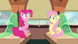 Size: 2400x1350 | Tagged: safe, screencap, character:fluttershy, character:pinkie pie, species:earth pony, species:pegasus, species:pony, episode:buckball season, g4, my little pony: friendship is magic, duo, female, friendship express, looking at each other, mare, sitting, train, worried