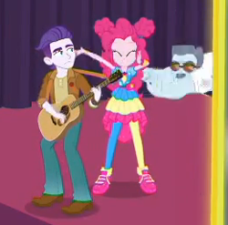 Size: 260x257 | Tagged: safe, screencap, character:pinkie pie, episode:accountibilibuddies, g4, my little pony:equestria girls, accountibilibuddies: pinkie pie, acoustic guitar, clothing, concert, cropped, dirk thistleweed, female, guitar, male, max steele, musical instrument, outdoors, push, security guard, shoes, sneakers, stage, tackle, tree