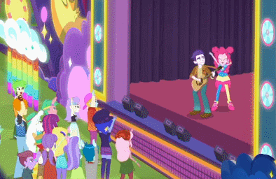Size: 394x256 | Tagged: safe, screencap, character:aqua blossom, character:bulk biceps, character:cherry crash, character:mystery mint, character:pinkie pie, character:starlight, episode:accountibilibuddies, g4, my little pony:equestria girls, accountibilibuddies: pinkie pie, animated, cherry crash, cropped, dirk thistleweed, duke suave, fry lilac, gif, max steele, outdoors, raspberry lilac, sandy cerise, security guard, shoes, sneakers, snow flower, space camp (character), starlight, tackle, thunderbass, valhallen