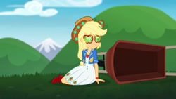 Size: 1920x1080 | Tagged: safe, screencap, character:applejack, episode:accountibilibuddies, g4, my little pony:equestria girls, clothing, dress, female, geode of super strength, hips, magical geodes, solo, wheelbarrow