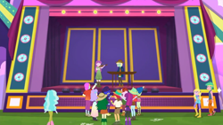 Size: 1280x720 | Tagged: safe, screencap, character:mystery mint, character:paisley, episode:accountibilibuddies, g4, my little pony:equestria girls, background human, background human audience, clothing, female, fry lilac, hunter hedge, laurel jade, legs, lemon zack, male, peppermint azure, raspberry lilac, shoes, snow flower, space camp (character), sweet leaf