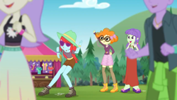 Size: 1280x720 | Tagged: safe, screencap, character:scribble dee, character:starlight, episode:accountibilibuddies, g4, my little pony:equestria girls, background human, boots, clothing, dancing, dress, duke suave, female, glasses, male, midriff, pigtails, shoes, shorts, skirt, snow flower, socks, starlight, tank top, thigh highs