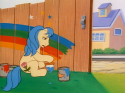 Size: 676x503 | Tagged: safe, screencap, character:rosy, episode:princess problems, g1, my little pony tales, dyed mane, fence, paint, paintbrush, painting, rainbow