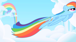 Size: 1280x720 | Tagged: safe, screencap, character:rainbow dash, species:pegasus, species:pony, cloud, cloudy, female, great moments in animation, mare, nyoom, opening, rainbow, smear frame, solo, theme song