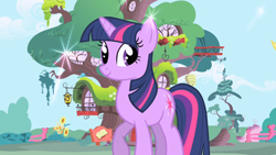 Size: 1280x720 | Tagged: safe, screencap, character:twilight sparkle, character:twilight sparkle (unicorn), species:pony, species:unicorn, fence, flower, golden oaks library, opening, solo, sunflower, theme song