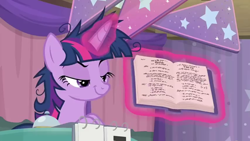 Size: 1280x720 | Tagged: safe, screencap, character:twilight sparkle, character:twilight sparkle (alicorn), species:alicorn, species:pony, episode:a trivial pursuit, g4, my little pony: friendship is magic, book, faec, messy mane, solo, twilight snapple, written equestrian