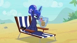 Size: 1920x1080 | Tagged: safe, screencap, character:princess luna, species:pony, episode:between dark and dawn, g4, my little pony: friendship is magic, alternate hairstyle, beach, food, magic, missing accessory, pineapple, solo, sunglasses, we don't normally wear clothes