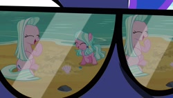 Size: 1920x1080 | Tagged: safe, screencap, character:princess luna, character:sugar stix, character:tender brush, species:pony, episode:between dark and dawn, g4, my little pony: friendship is magic, female, laughing, reflection, sand, siblings, sisters, sunglasses