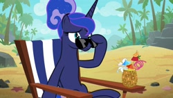 Size: 1920x1080 | Tagged: safe, screencap, character:princess luna, species:pony, episode:between dark and dawn, g4, my little pony: friendship is magic, alternate hairstyle, beach, food, pineapple, sad, solo, sunglasses