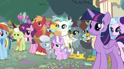 Size: 2730x1531 | Tagged: safe, screencap, character:big mcintosh, character:carrot cake, character:cup cake, character:diamond tiara, character:gabby, character:gallus, character:granny smith, character:rainbow dash, character:silver spoon, character:silverstream, character:smolder, character:starlight glimmer, character:sugar belle, character:terramar, character:twilight sparkle, character:twilight sparkle (alicorn), character:yona, species:alicorn, species:griffon, species:hippogriff, species:pony, episode:the last crusade, g4, my little pony: friendship is magic