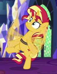 Size: 558x721 | Tagged: safe, screencap, character:sunset shimmer, species:pony, species:unicorn, equestria girls:mirror magic, g4, my little pony:equestria girls, bipedal, cropped, cute, cutie mark, dithering, female, flailing, in the human world for too long, library, mare, motion blur, motion lines, shimmerbetes, solo, stumbling, twilight's castle