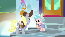 Size: 640x360 | Tagged: safe, screencap, character:cozy glow, character:derpy hooves, species:pegasus, species:pony, episode:school raze, g4, my little pony: friendship is magic, female, filly, letter, mail, mailmare, saddle bag, waterfall