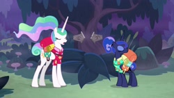 Size: 1920x1080 | Tagged: safe, screencap, character:princess celestia, character:princess luna, species:pony, episode:between dark and dawn, g4, my little pony: friendship is magic, alternate hairstyle, backpack, clothing, hawaiian shirt, shirt