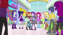 Size: 1920x1080 | Tagged: safe, screencap, character:applejack, character:fluttershy, character:microchips, character:mystery mint, character:nolan north, character:pinkie pie, character:rainbow dash, character:rarity, character:starlight glimmer, character:sunset shimmer, character:twilight sparkle, character:twilight sparkle (scitwi), species:eqg human, equestria girls:mirror magic, g4, my little pony:equestria girls, background human, boots, canterlot mall, clothing, female, geode of fauna, geode of shielding, geode of sugar bombs, geode of super strength, geode of telekinesis, glasses, high heels, humane eight, magical geodes, male, mirror, nolan north, shoes