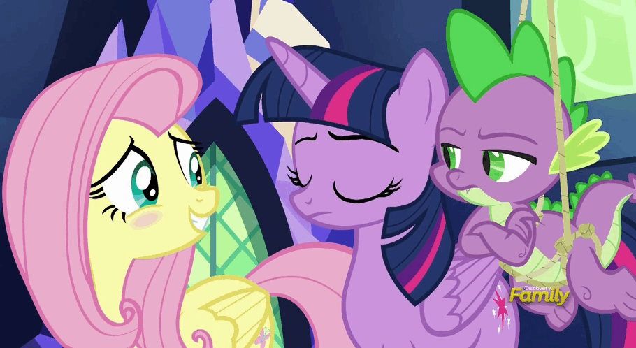 Size: 910x498 | Tagged: safe, screencap, character:fluttershy, character:spike, character:twilight sparkle, character:twilight sparkle (alicorn), species:alicorn, species:dragon, species:pegasus, species:pony, episode:flutter brutter, g4, my little pony: friendship is magic, animated, blushing, castle, crossed arms, discovery family logo, female, looking at each other, male, mare, perfect loop, rope, twilight's castle