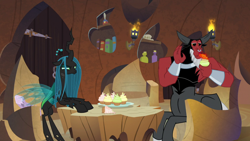 Size: 1920x1080 | Tagged: safe, screencap, character:lord tirek, character:queen chrysalis, species:centaur, species:changeling, episode:frenemies, g4, my little pony: friendship is magic, book, chair, changeling queen, cupcake, duo, evil lair, female, food, grogar's lair, lair, male, narrowed eyes, nose piercing, nose ring, piercing, sitting, spitting, torch