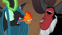 Size: 1280x720 | Tagged: safe, screencap, character:lord tirek, character:queen chrysalis, species:centaur, species:changeling, episode:frenemies, g4, my little pony: friendship is magic, bags under eyes, bickering, changeling queen, cupcake, disgusted, duo, evil lair, fangs, female, food, former queen chrysalis, glowing horn, grogar's lair, horn, horns, lair, magic, nose piercing, nose ring, piercing