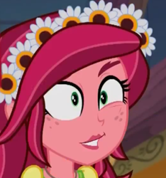 Size: 400x427 | Tagged: safe, screencap, character:gloriosa daisy, equestria girls:legend of everfree, g4, my little pony:equestria girls, cropped, eye twitch, faec, floral head wreath, flower, solo