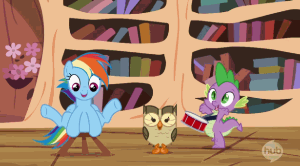 Size: 615x340 | Tagged: safe, screencap, character:owlowiscious, character:rainbow dash, character:spike, species:bird, species:dragon, species:owl, species:pegasus, species:pony, episode:testing testing 1-2-3, g4, my little pony: friendship is magic, animated, book, bookshelf, cute, dancing, drums, drumsticks, female, flower, golden oaks library, happy, hopping, hub logo, i have done nothing productive all day, male, mare, perfect loop, stool
