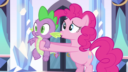 Size: 1280x720 | Tagged: safe, screencap, character:pinkie pie, character:spike, species:dragon, species:earth pony, species:pony, episode:the crystal empire, g4, my little pony: friendship is magic, crystal empire, cute, female, holding, holding a dragon, kissy face, male, mare