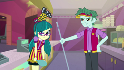 Size: 1920x1080 | Tagged: safe, screencap, character:juniper montage, equestria girls:mirror magic, g4, my little pony:equestria girls, angry, brim marco, broom, cash register, clothing, cup, female, glasses, hat, male, mirror, pants, pigtails, skirt