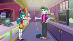 Size: 1920x1080 | Tagged: safe, screencap, character:juniper montage, equestria girls:mirror magic, g4, my little pony:equestria girls, brim marco, broom, cash register, clothing, cup, female, glasses, hat, legs, male, pants, shoes